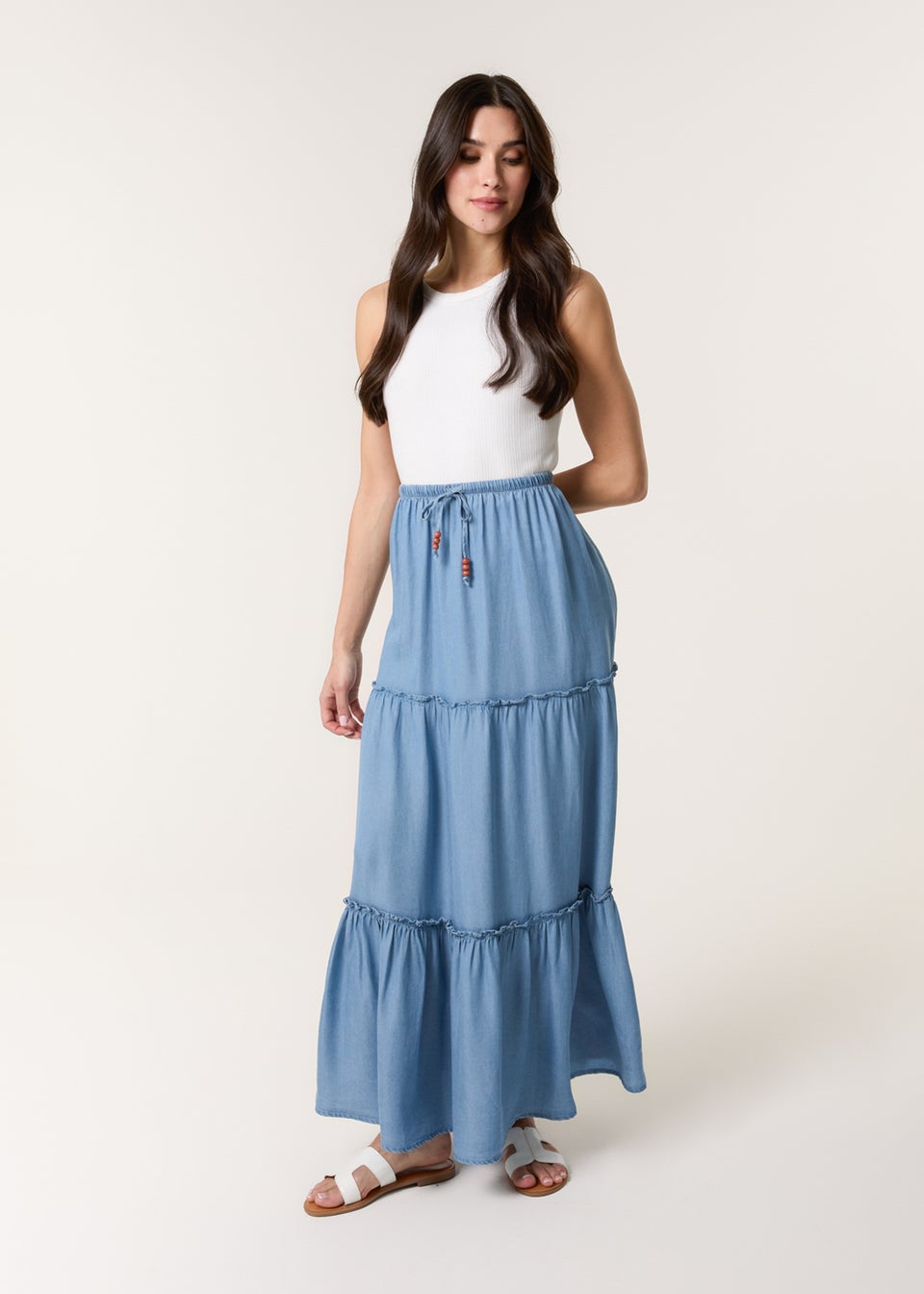 Blue Vanilla Denim Beaded Tiered Midi Skirt