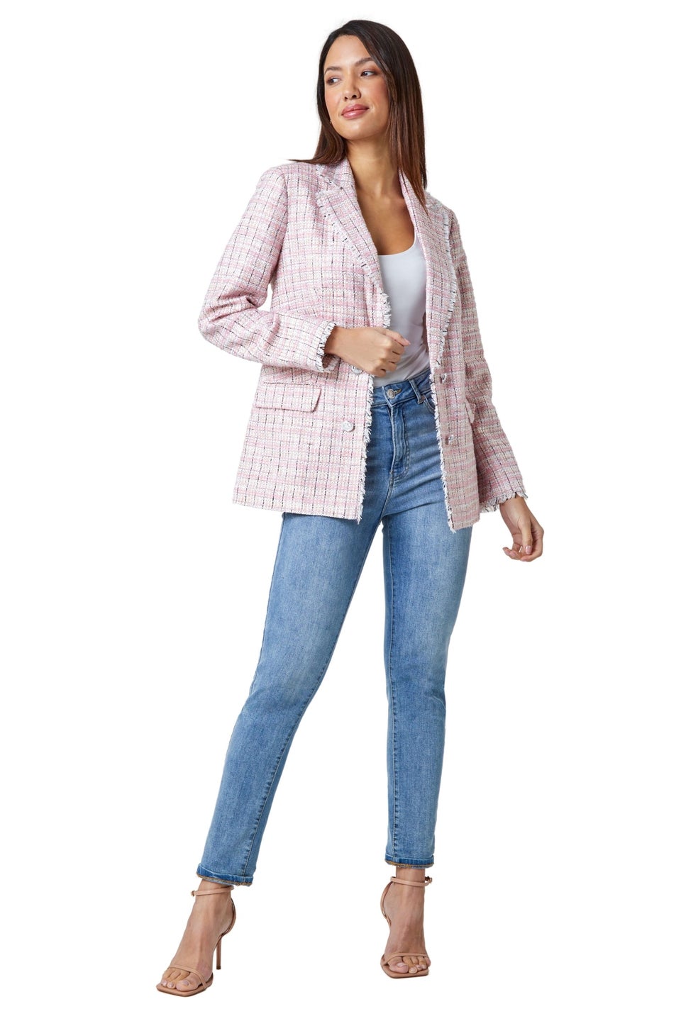 Roman Pink Frayed Edge Boucle Check Jacket