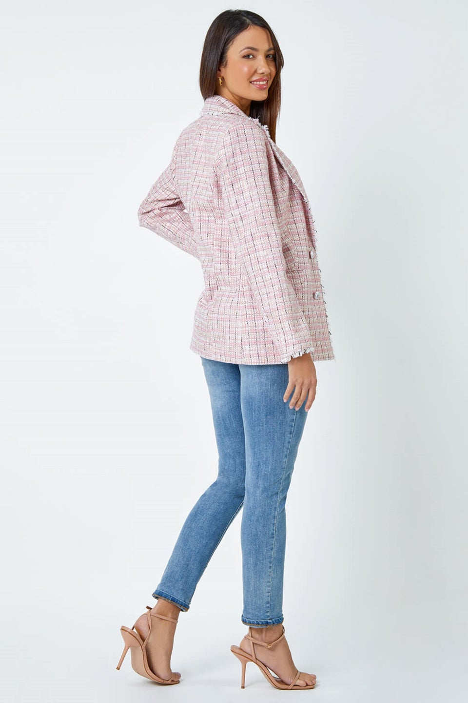 Roman Pink Frayed Edge Boucle Check Jacket
