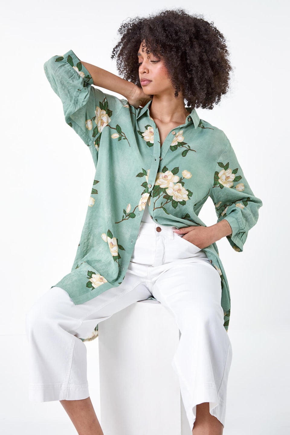 Roman Sage Floral Cotton Blend Longline Tunic Shirt