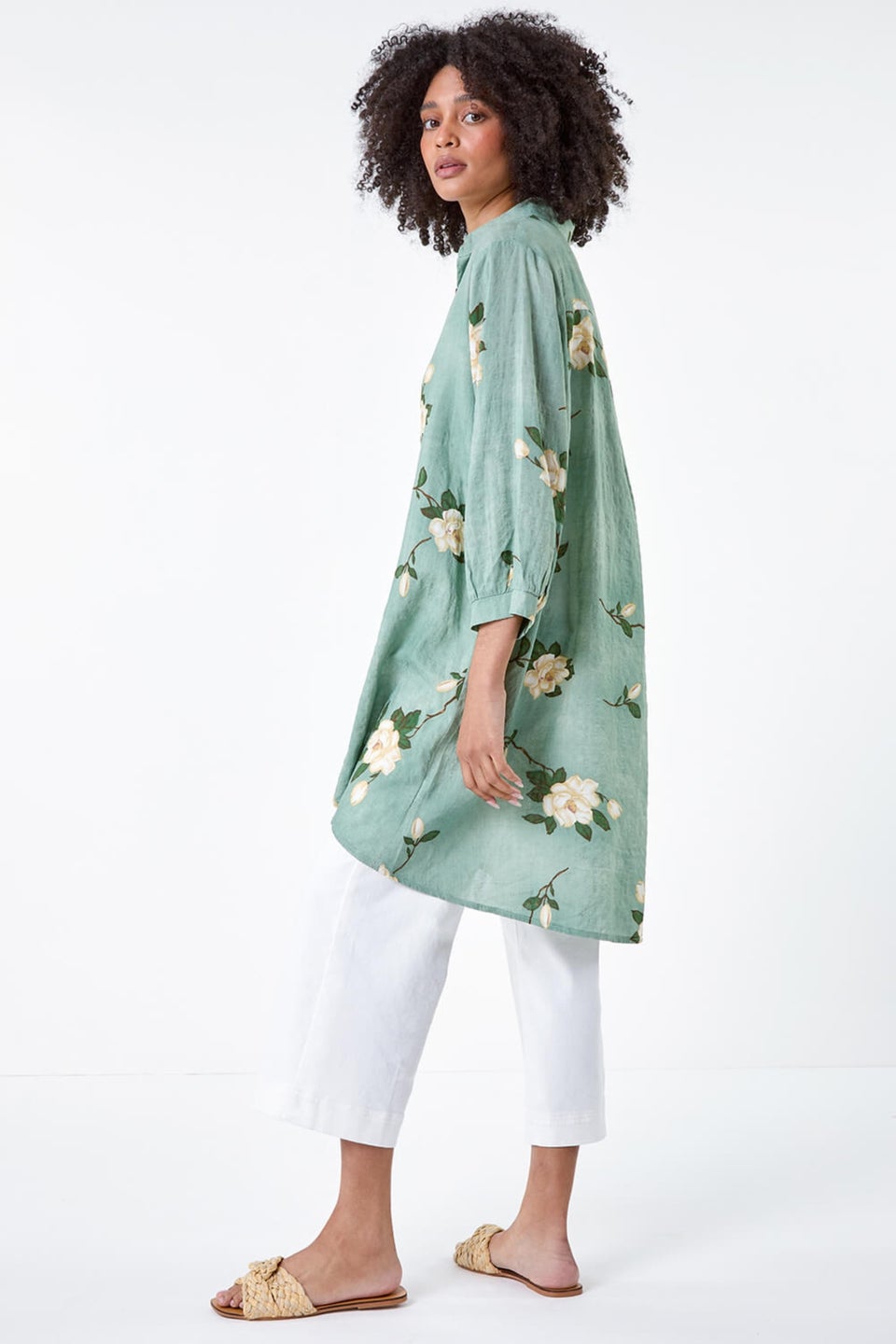 Roman Sage Floral Cotton Blend Longline Tunic Shirt