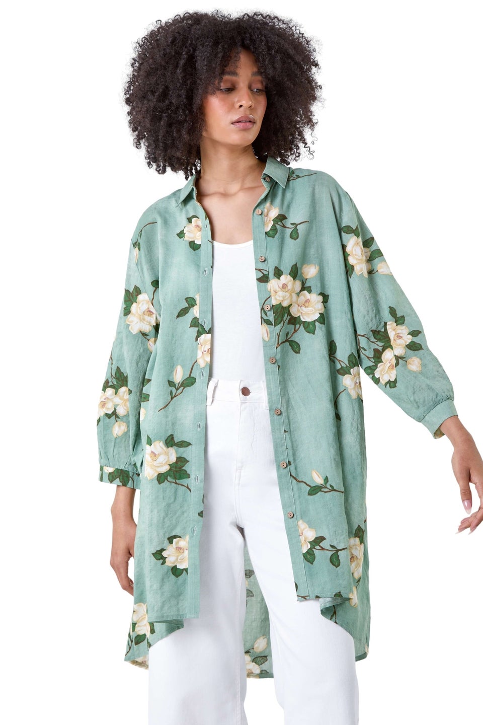 Roman Sage Floral Cotton Blend Longline Tunic Shirt