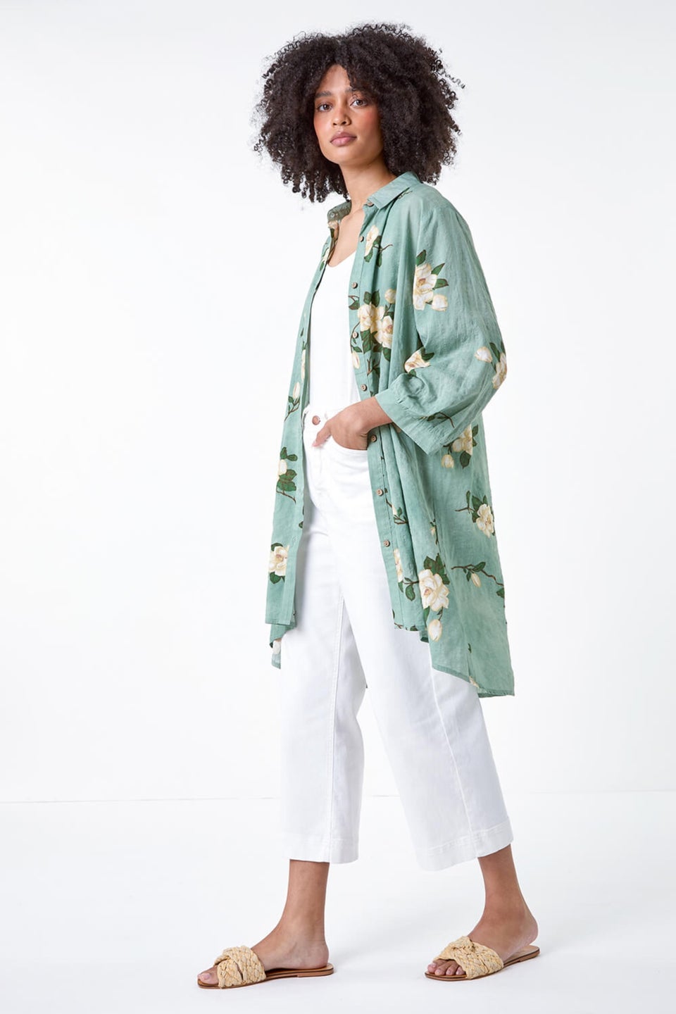 Roman Sage Floral Cotton Blend Longline Tunic Shirt