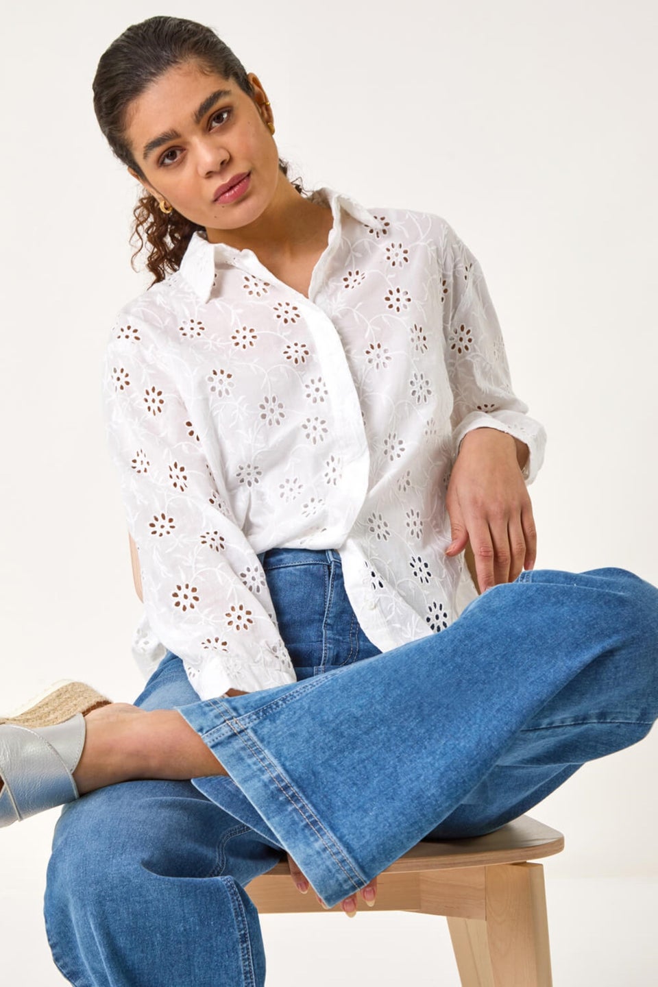 Roman Ivory Floral Broderie Collar Cotton Shirt