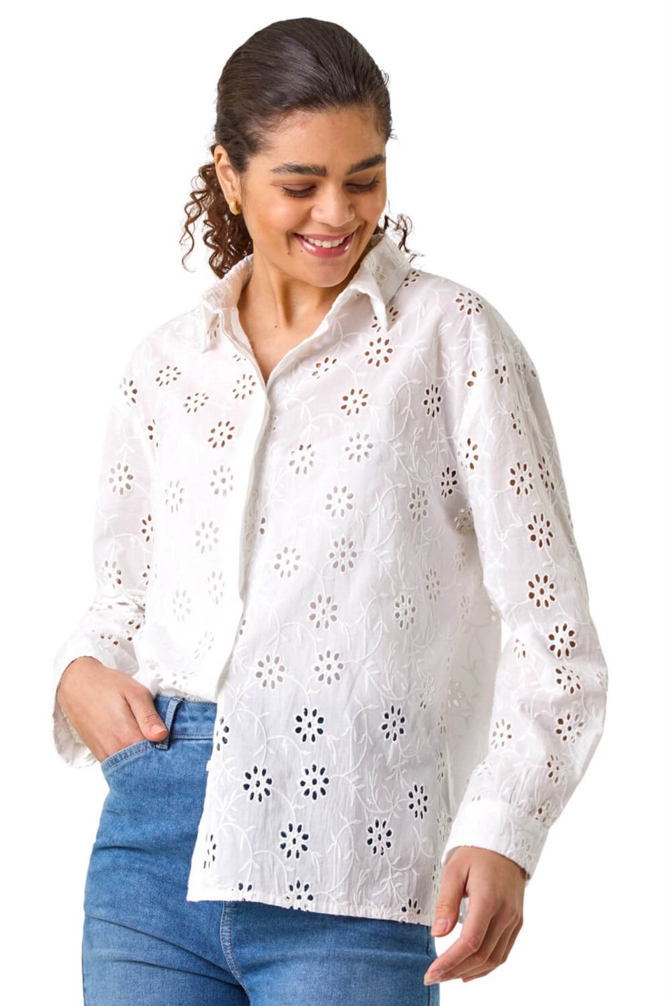 Roman Ivory Floral Broderie Collar Cotton Shirt