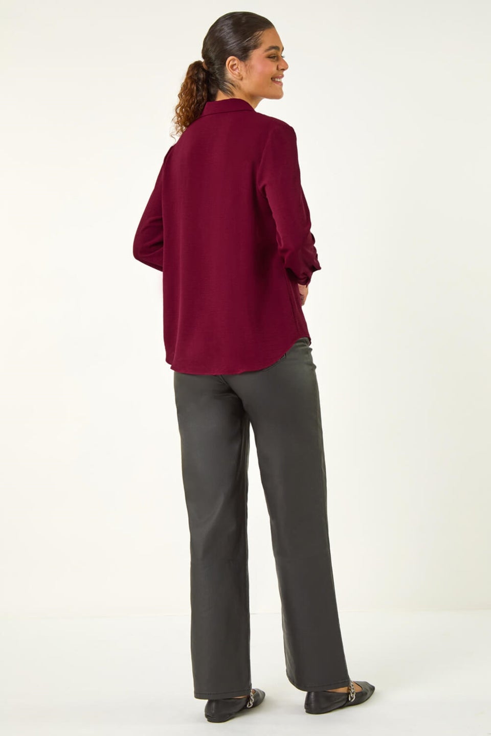 Roman Burgundy Plain V-Neck Collar Button Detail Blouse