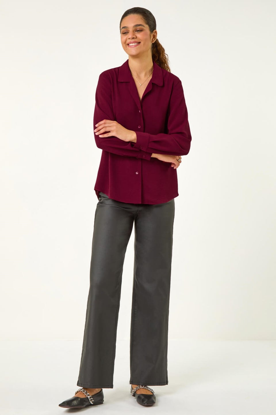 Roman Burgundy Plain V-Neck Collar Button Detail Blouse