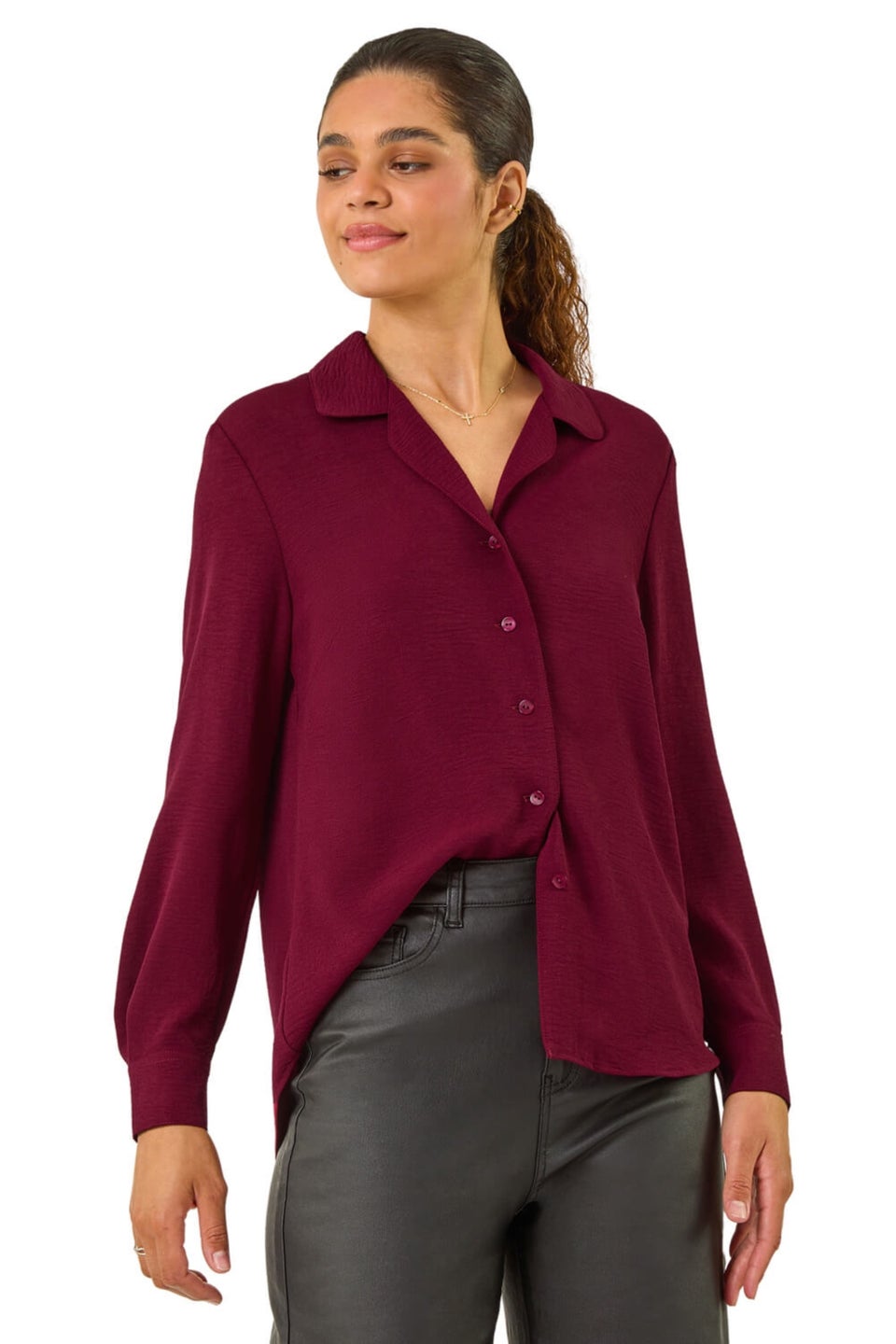 Roman Burgundy Plain V-Neck Collar Button Detail Blouse
