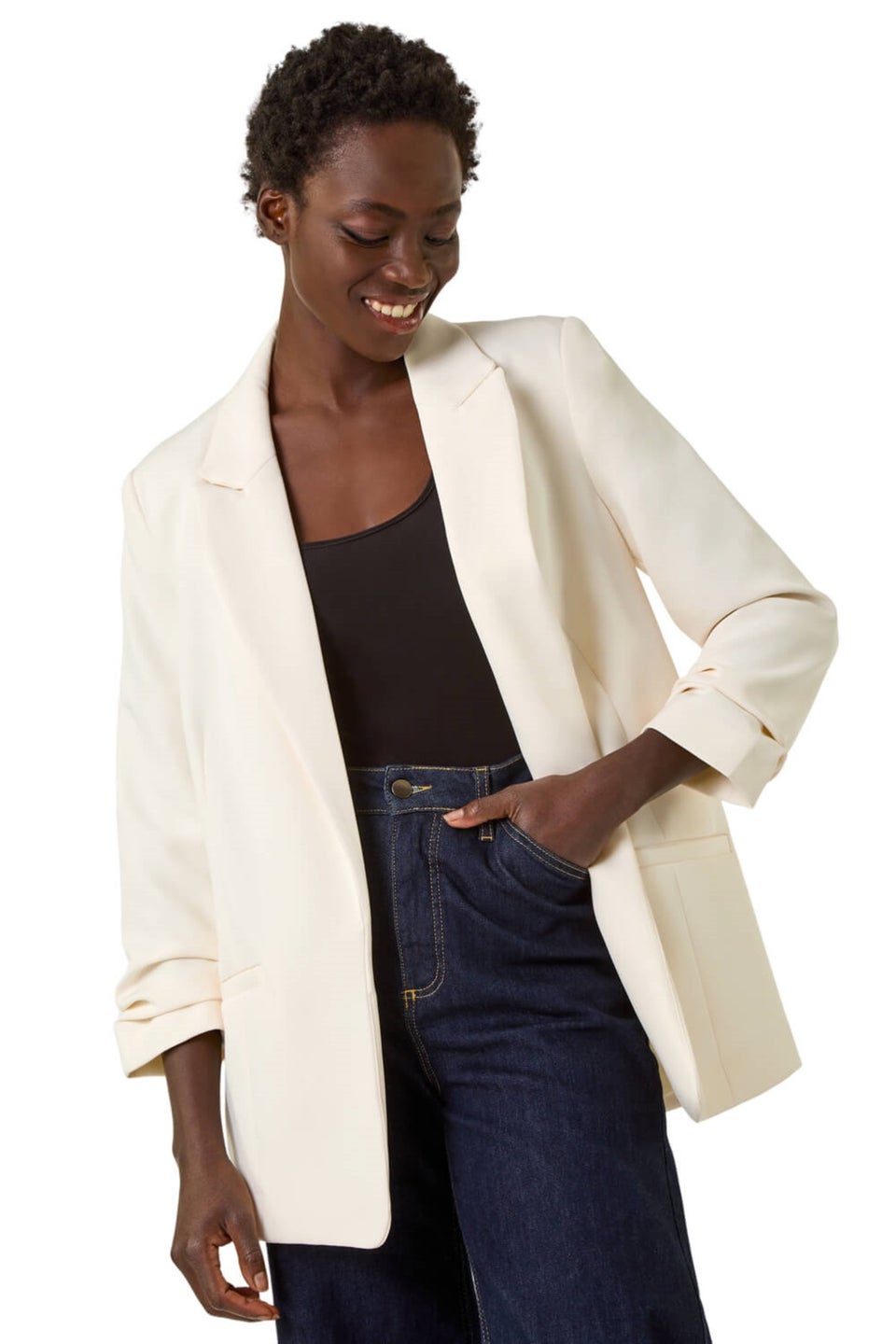 Roman Ivory Tailored Ruched Sleeve Stretch Blazer