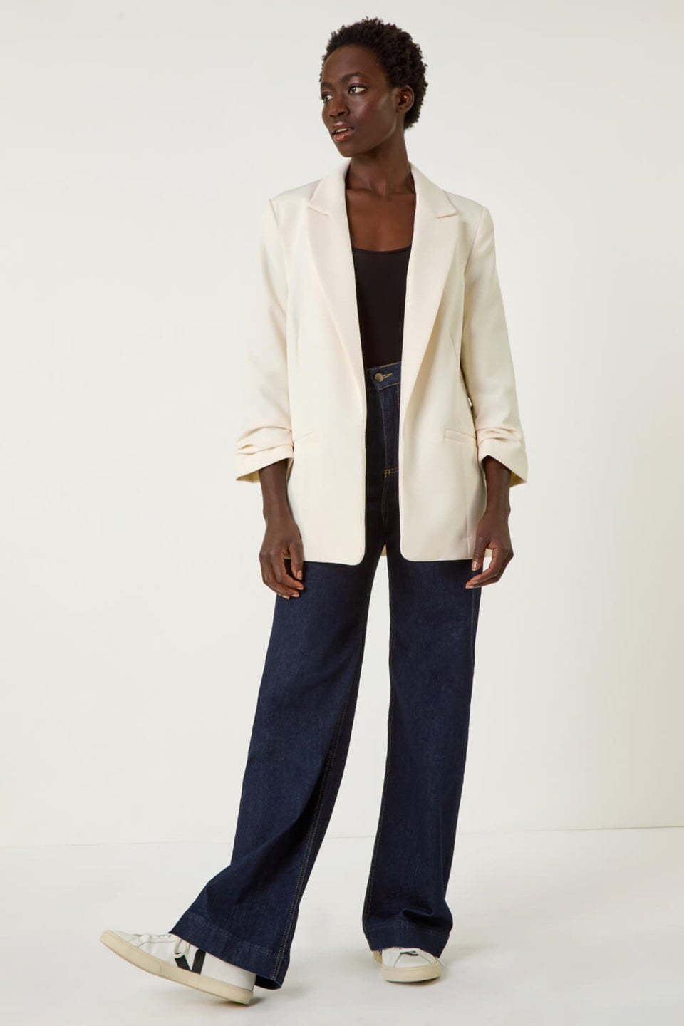 Roman Ivory Tailored Ruched Sleeve Stretch Blazer