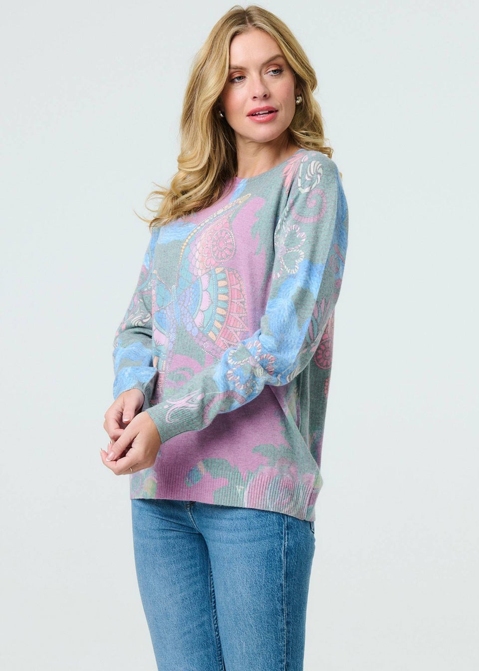Izabel London Blue Abstract Print Stud Detail Knit Top