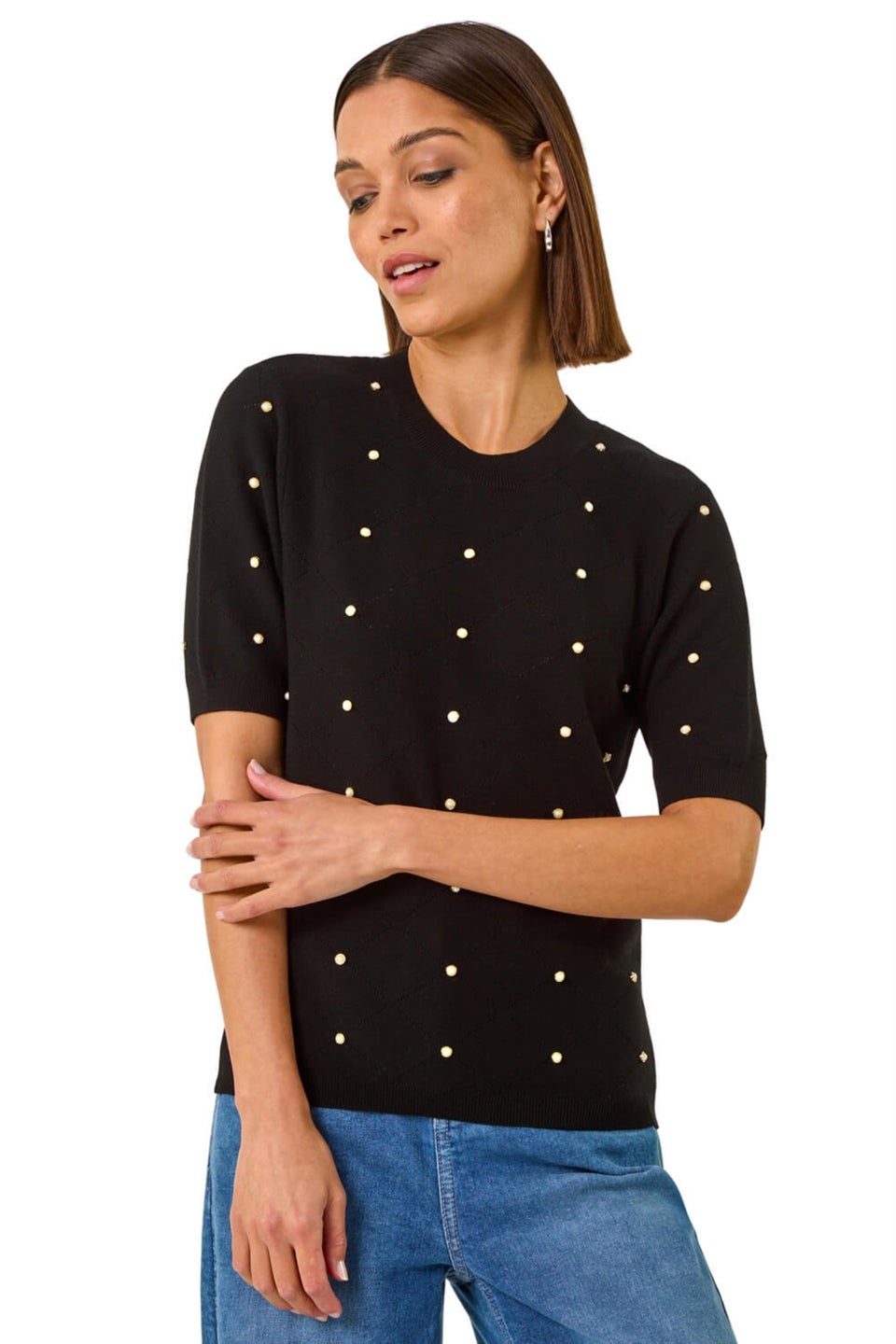 Roman Black Faux Pearl Embellished Knit Top