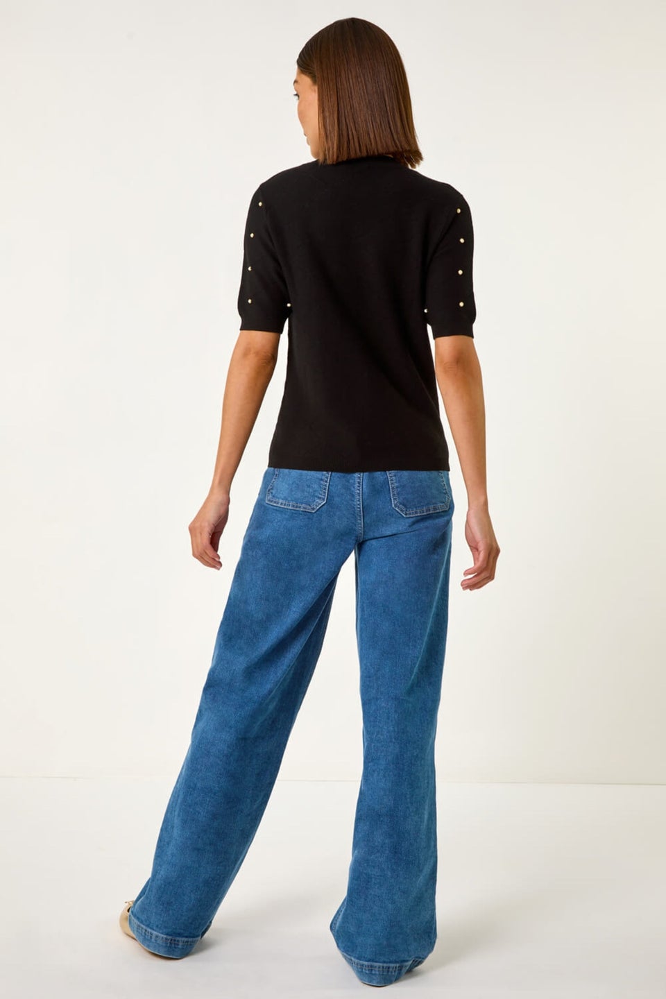 Roman Black Faux Pearl Embellished Knit Top