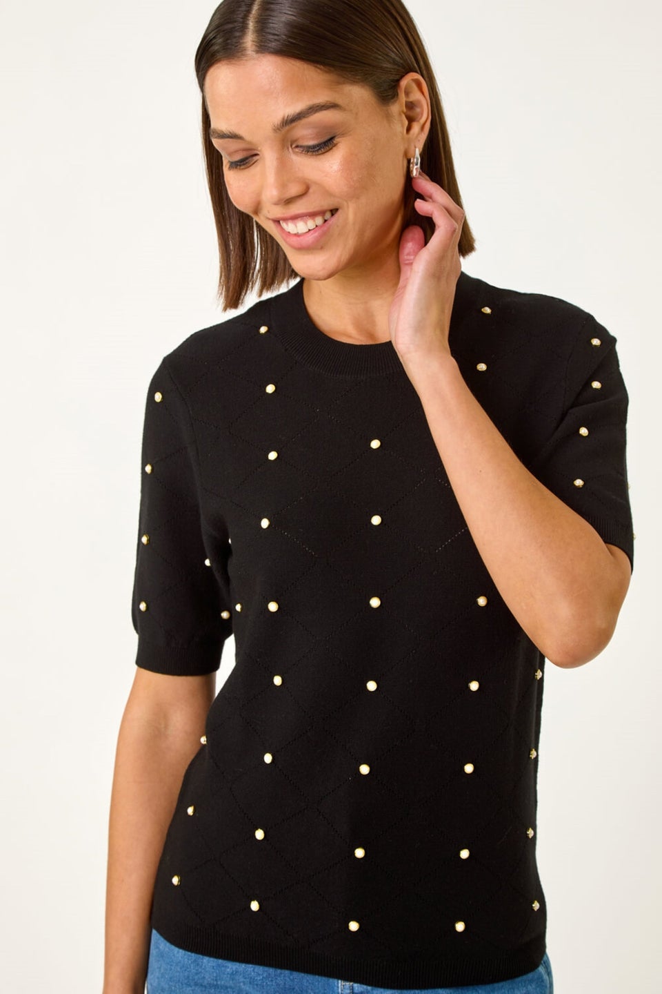 Roman Black Faux Pearl Embellished Knit Top