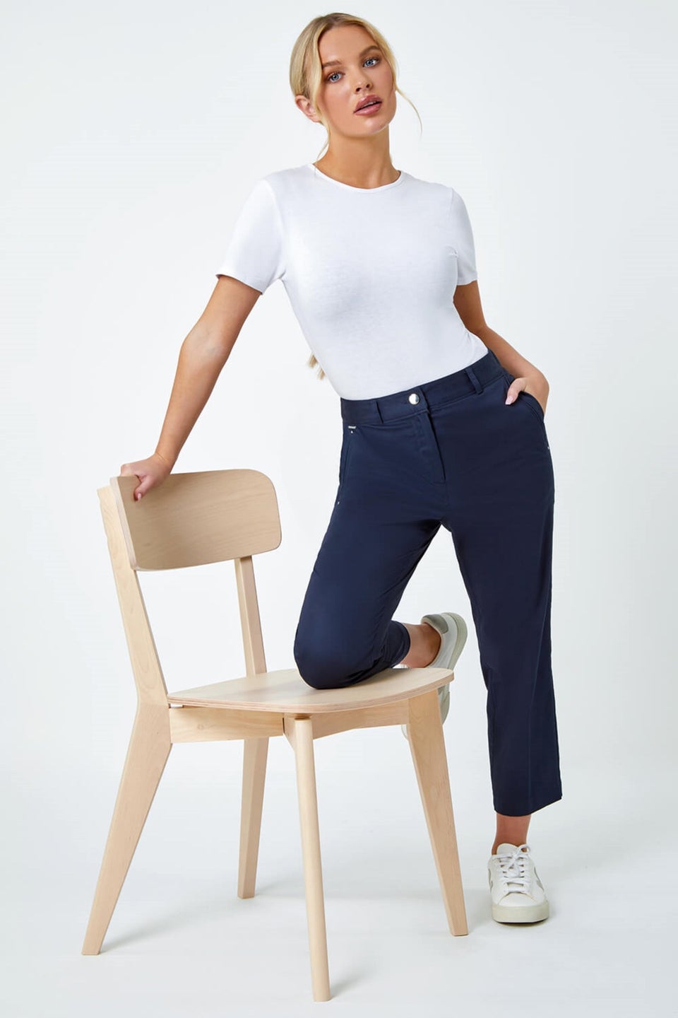 Roman Navy Petite Cotton Ankle Grazer Tapered Trousers