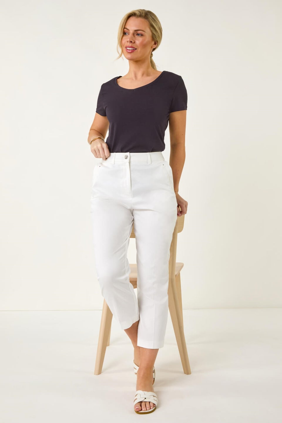 Roman White Petite Cotton Ankle Grazer Tapered Trousers