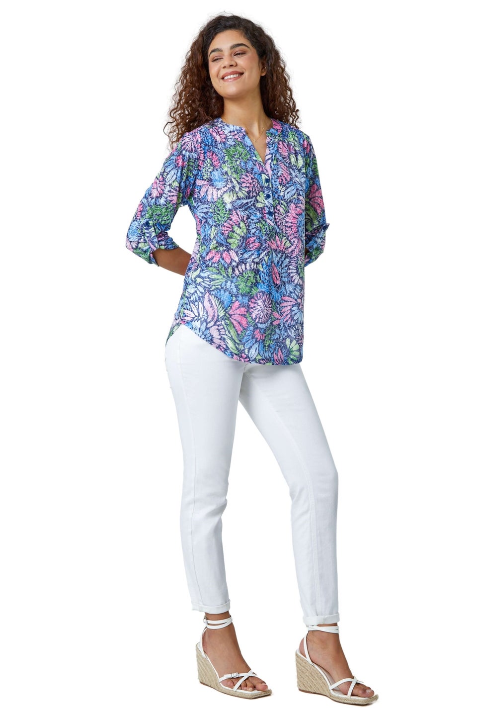 Roman Pink  Textured Floral Print Stretch Tunic Shirt