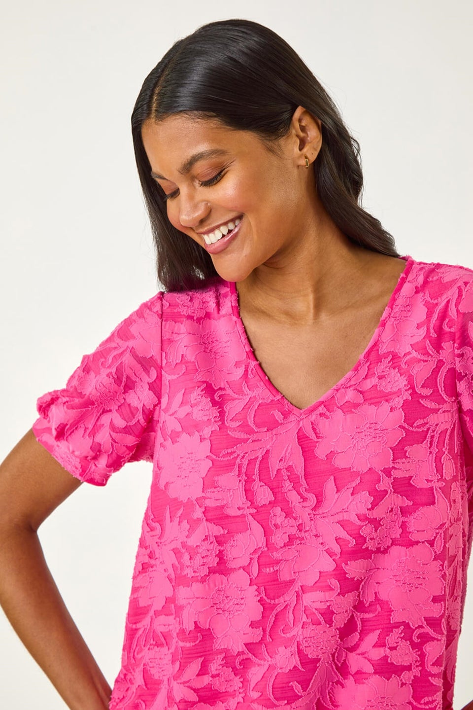 Roman Fuchsia Textured Floral Blouson Hem Stretch Top