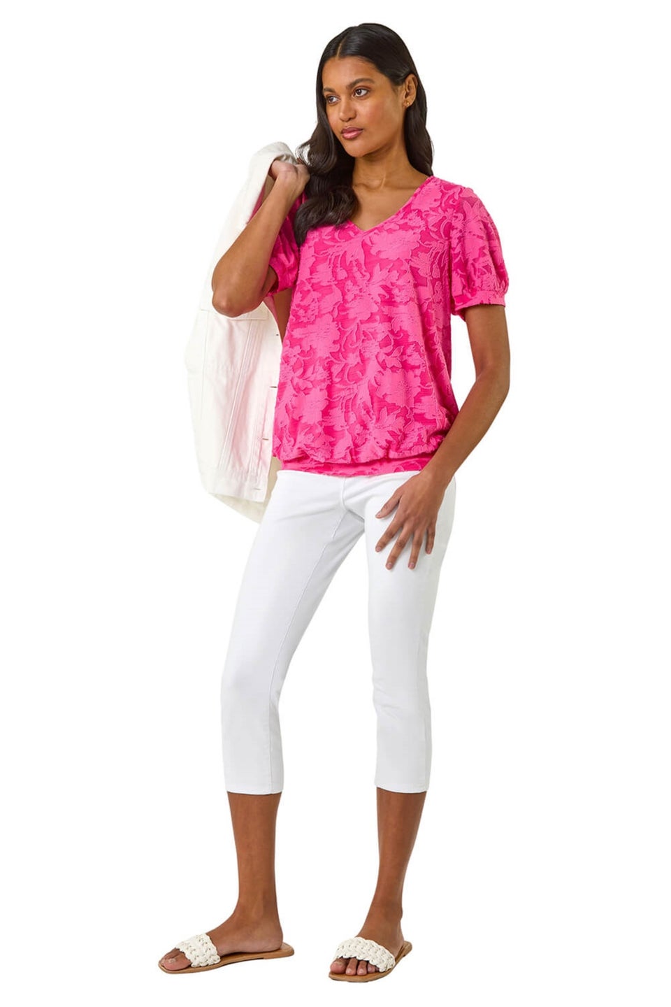 Roman Fuchsia Textured Floral Blouson Hem Stretch Top