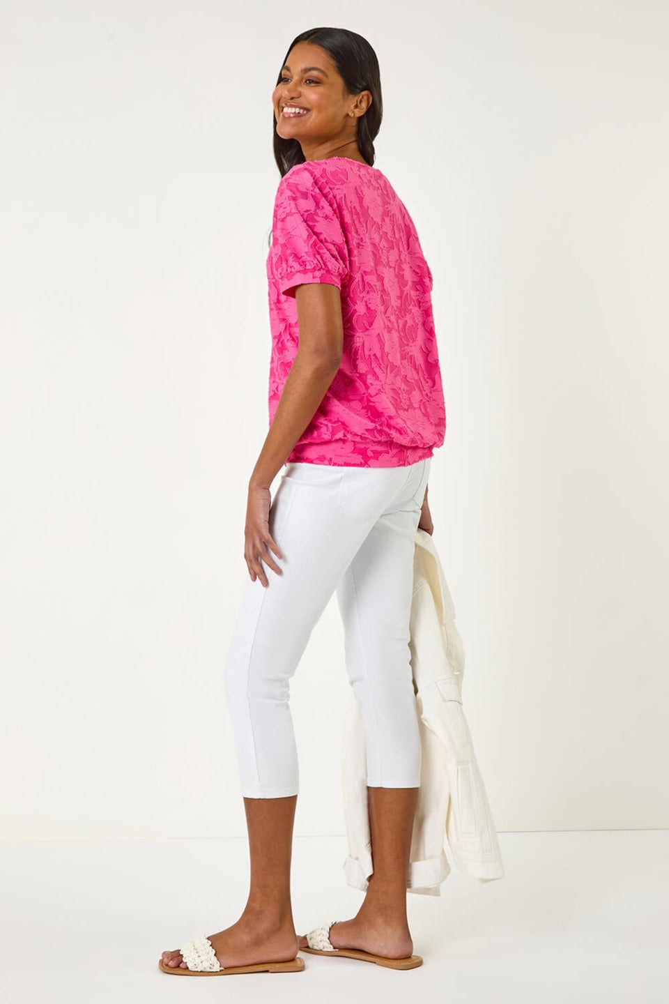 Roman Fuchsia Textured Floral Blouson Hem Stretch Top