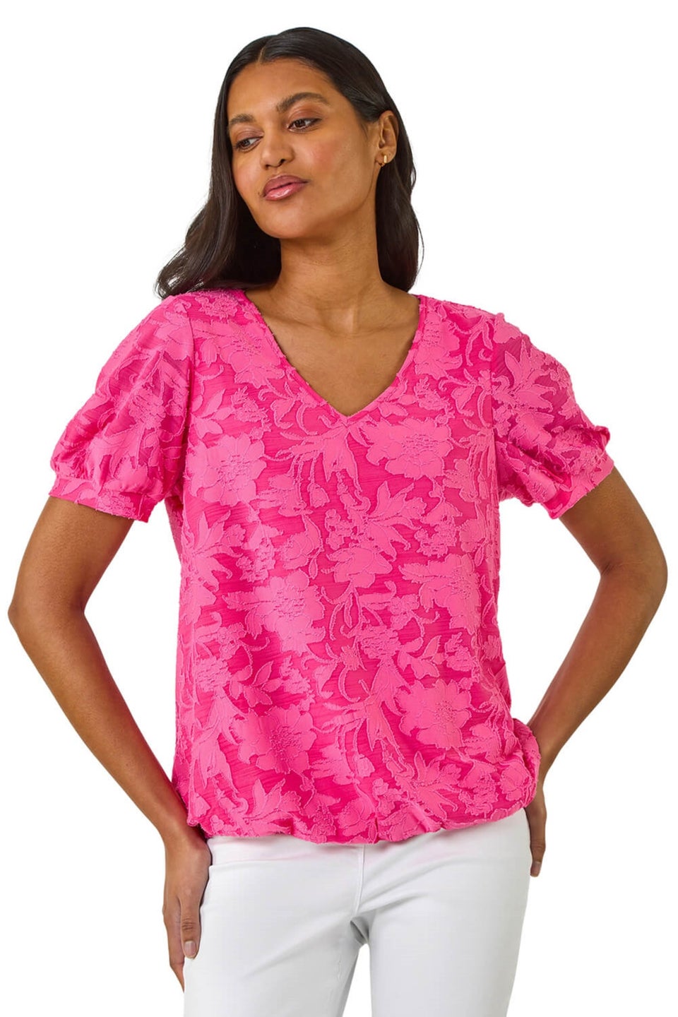 Roman Fuchsia Textured Floral Blouson Hem Stretch Top