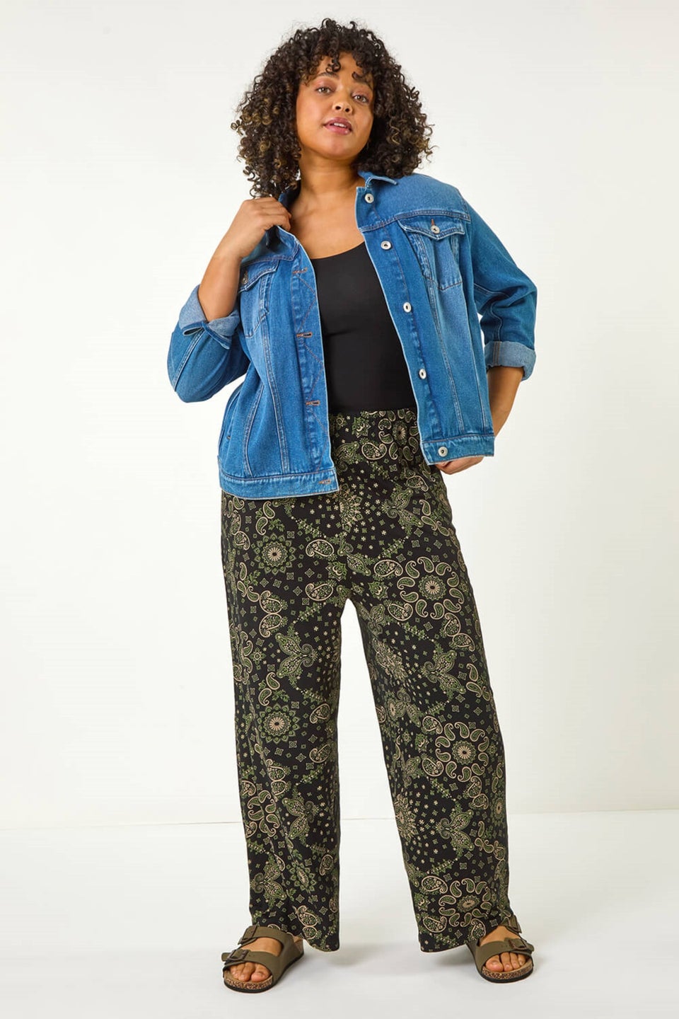 Roman Khaki Curve Paisley Print Wide Leg Trouser