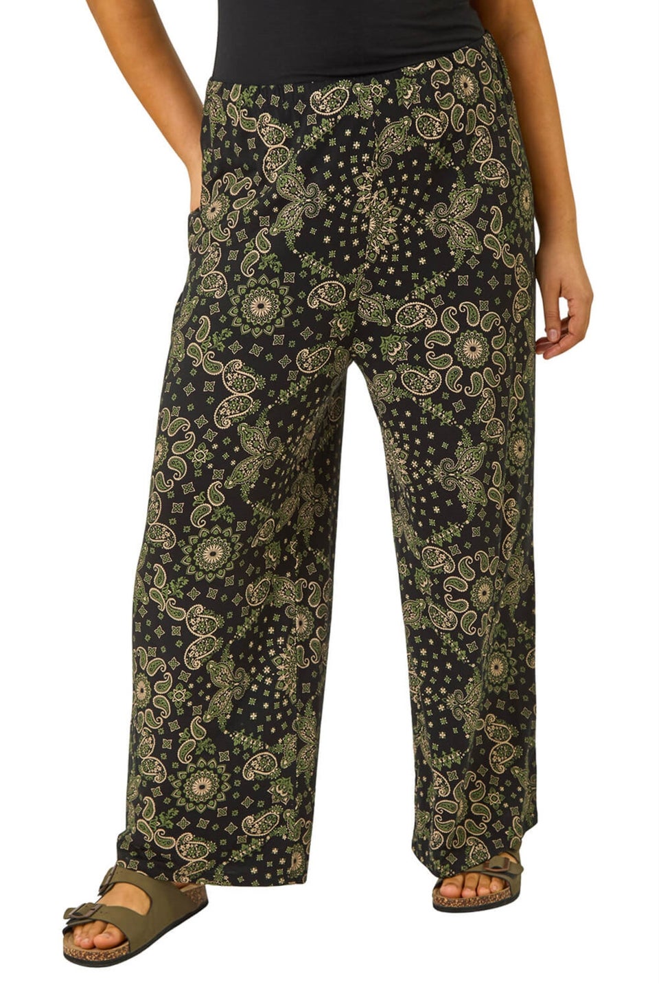 Roman Khaki Curve Paisley Print Wide Leg Trouser
