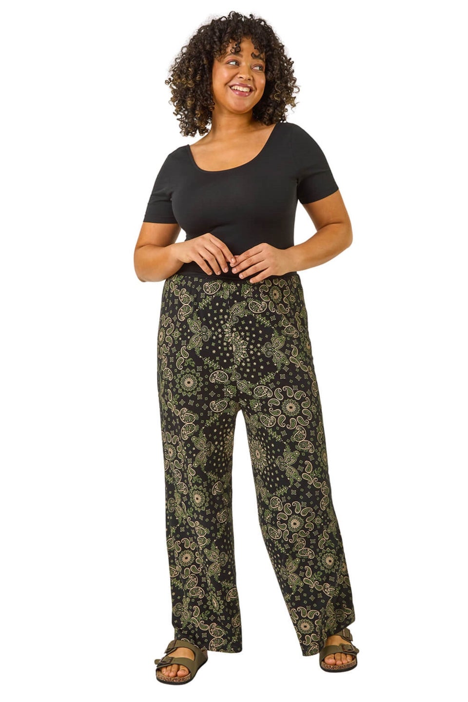 Roman Khaki Curve Paisley Print Wide Leg Trouser