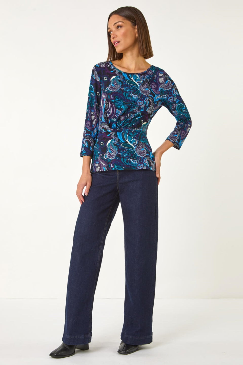 Roman Blue Paisley Print Twist Front Top