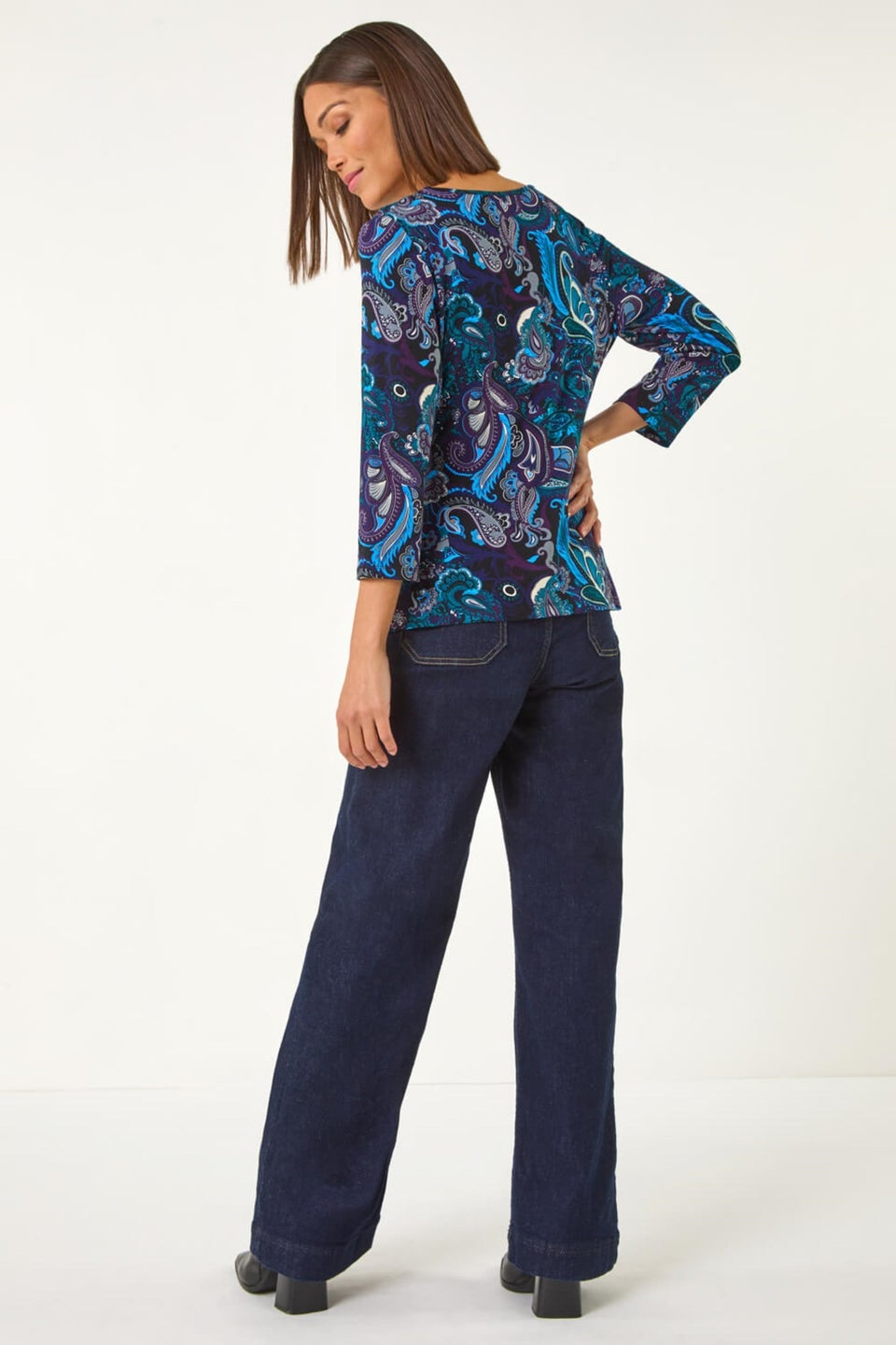 Roman Blue Paisley Print Twist Front Top