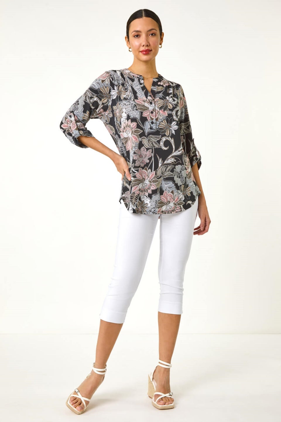 Roman Light Pink Floral Print Pleated Shirt