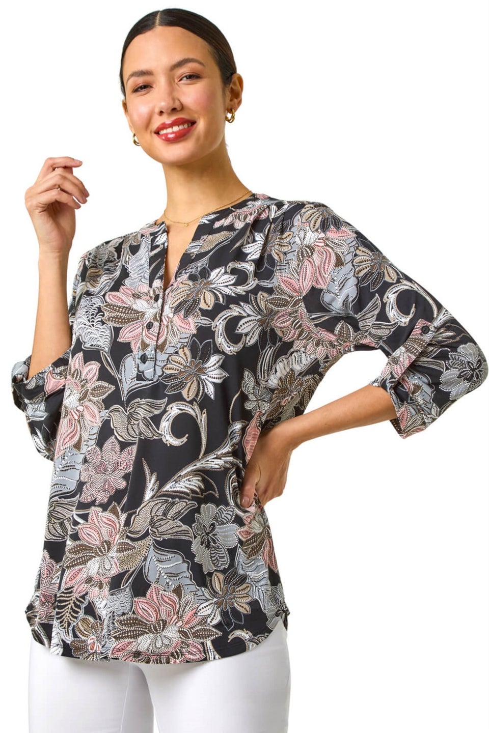 Roman Light Pink Floral Print Pleated Shirt