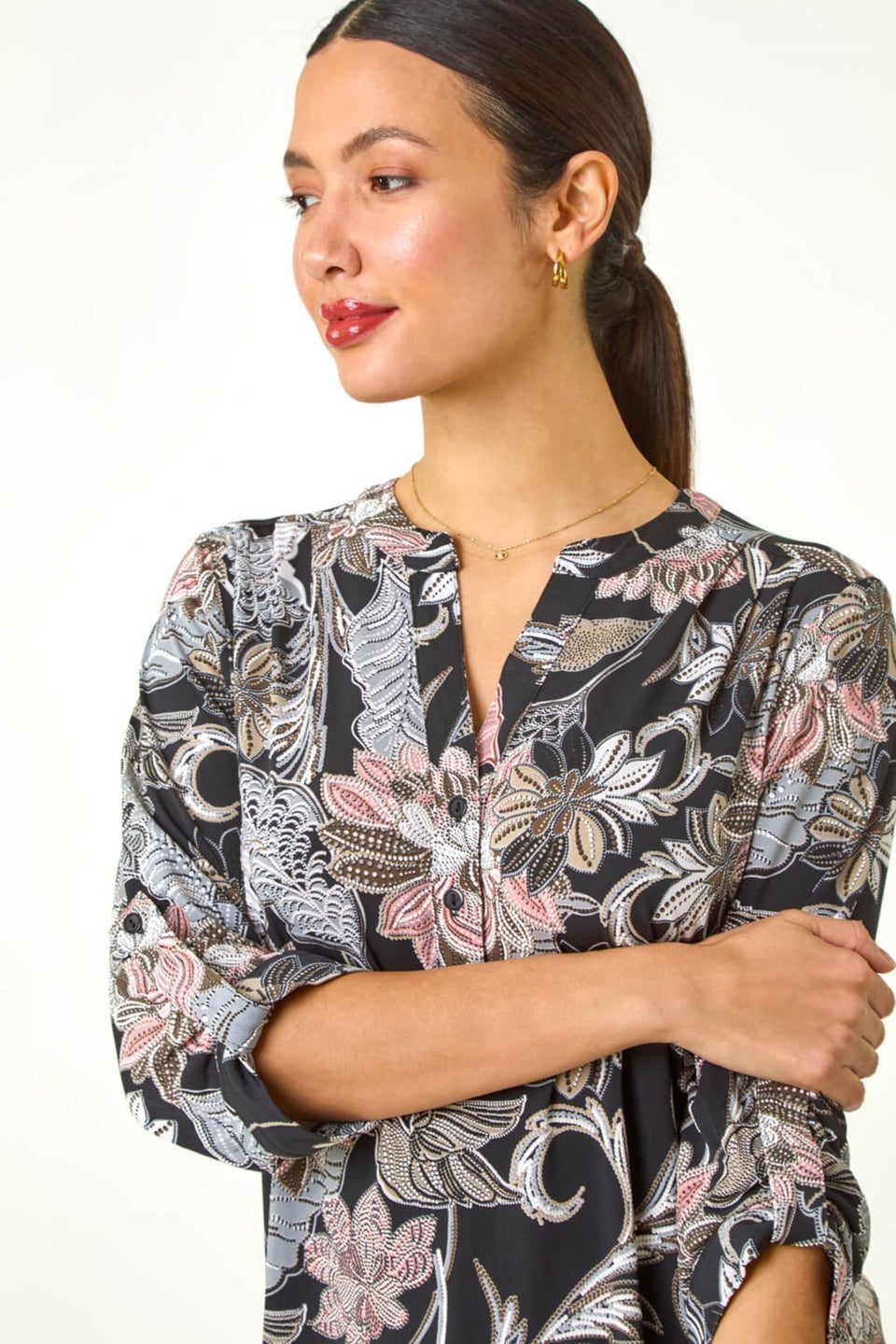 Roman Light Pink Floral Print Pleated Shirt