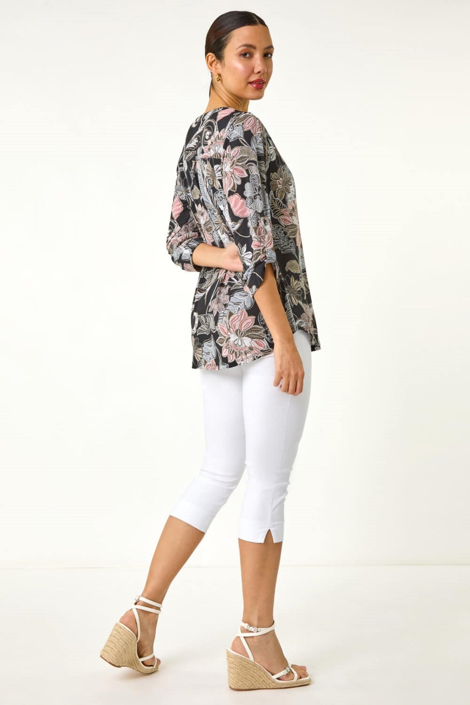 Roman Light Pink Floral Print Pleated Shirt