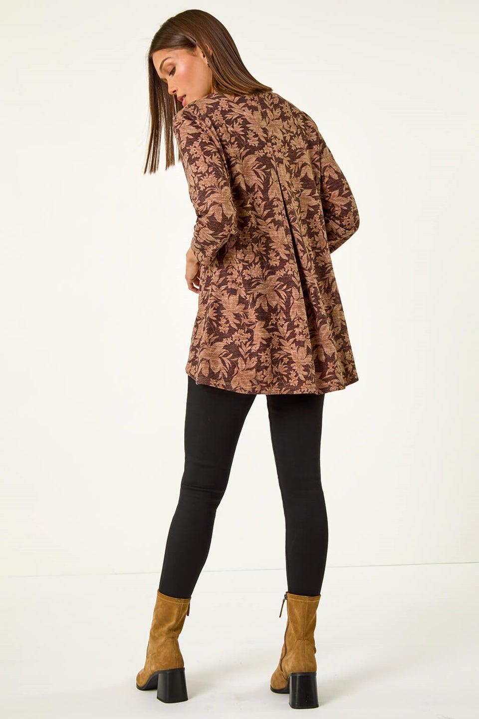 Roman Chocolate Stretch Floral Print Wrap Tunic