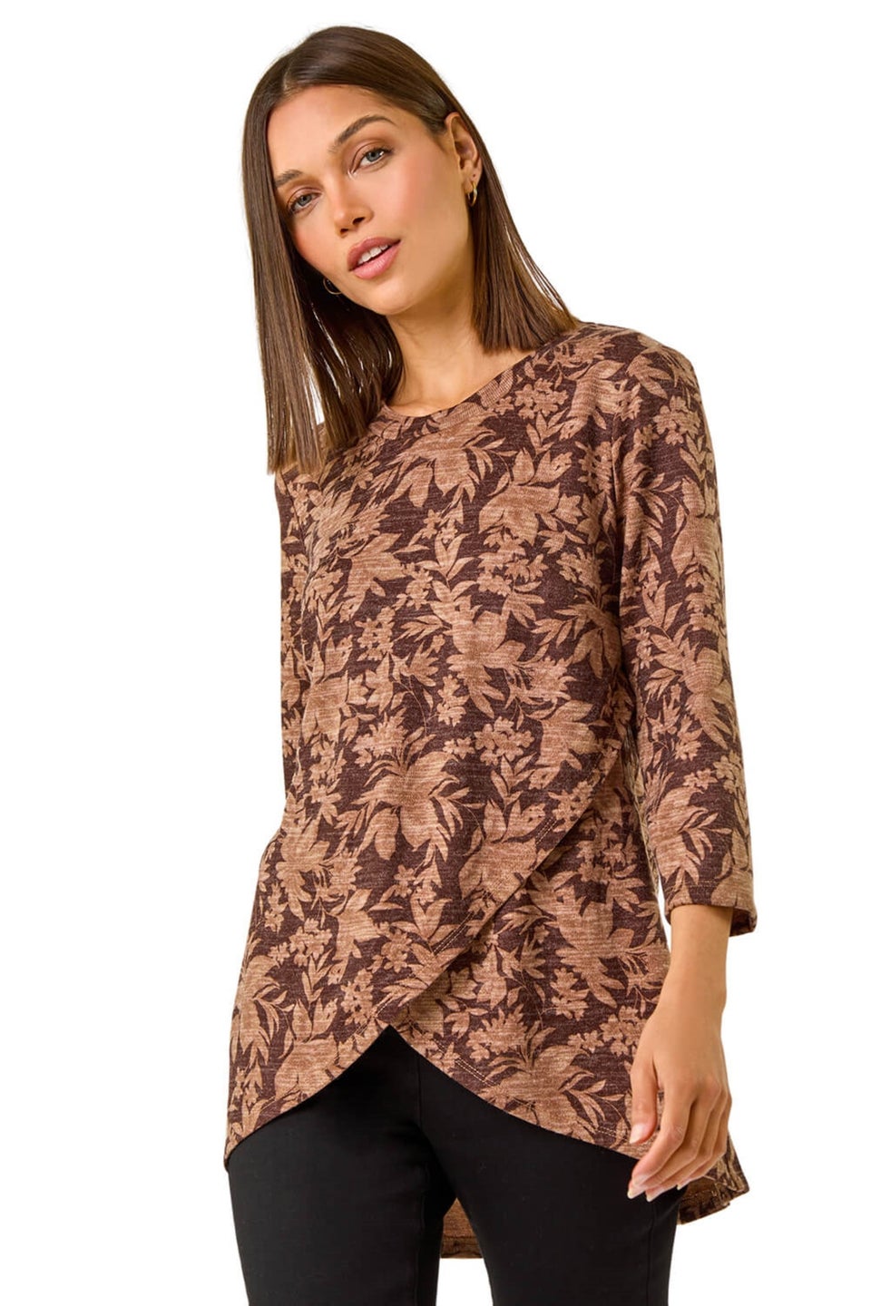 Roman Chocolate Stretch Floral Print Wrap Tunic