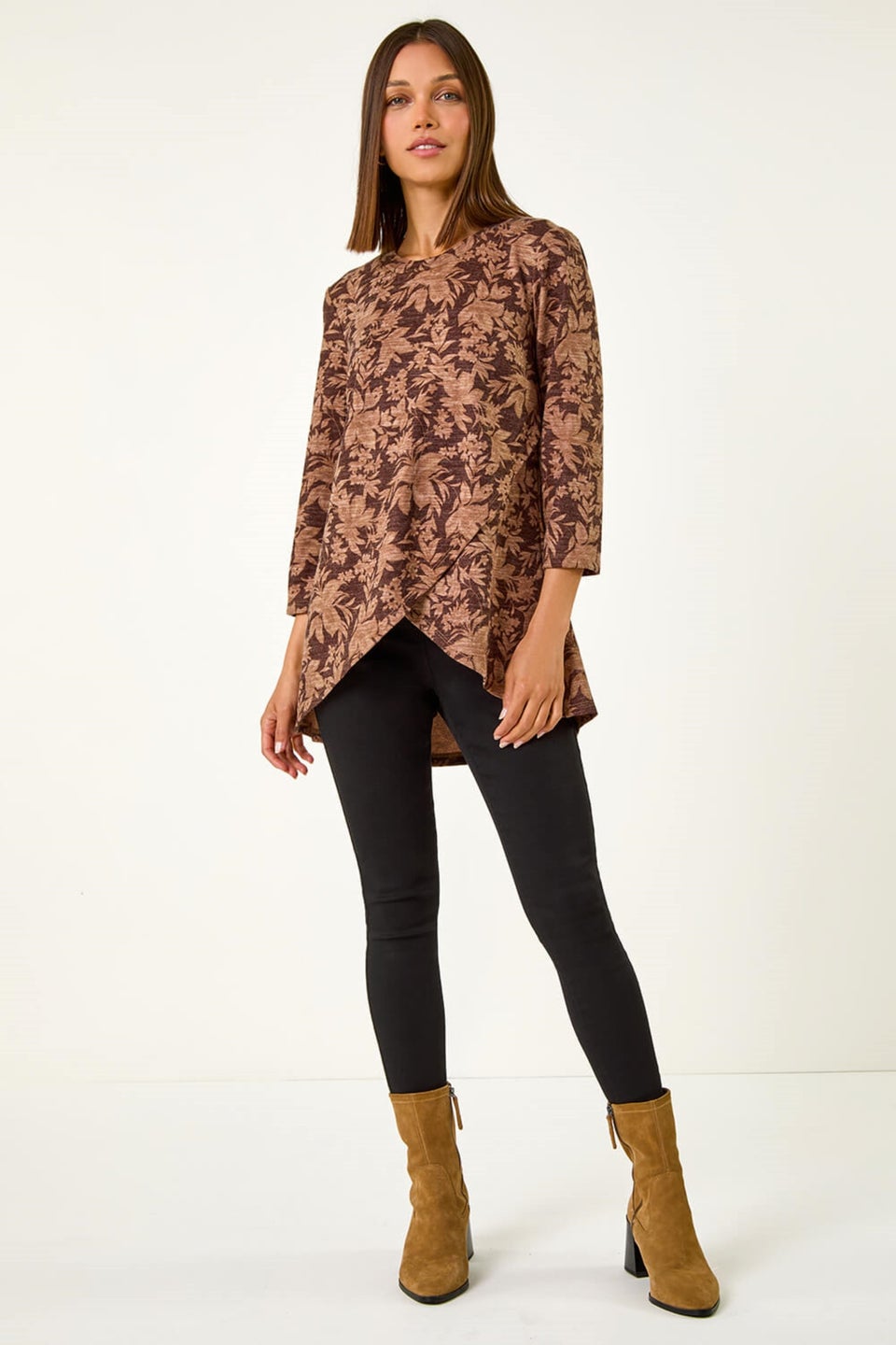 Roman Chocolate Stretch Floral Print Wrap Tunic