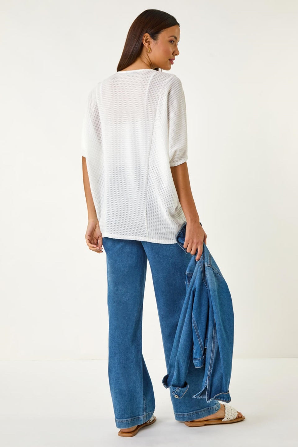Roman White Textured V-Neck Cocoon Stretch Top