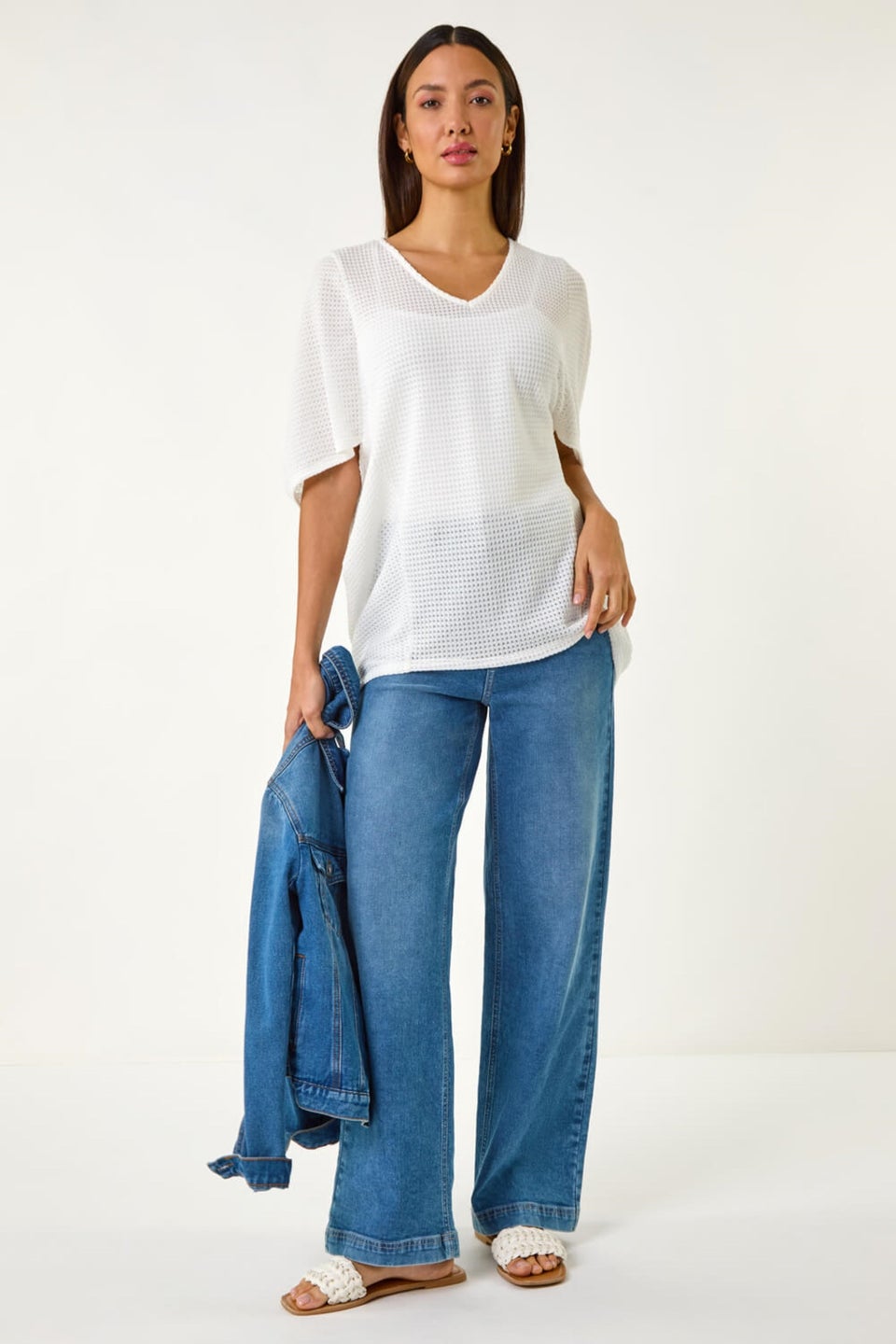 Roman White Textured V-Neck Cocoon Stretch Top