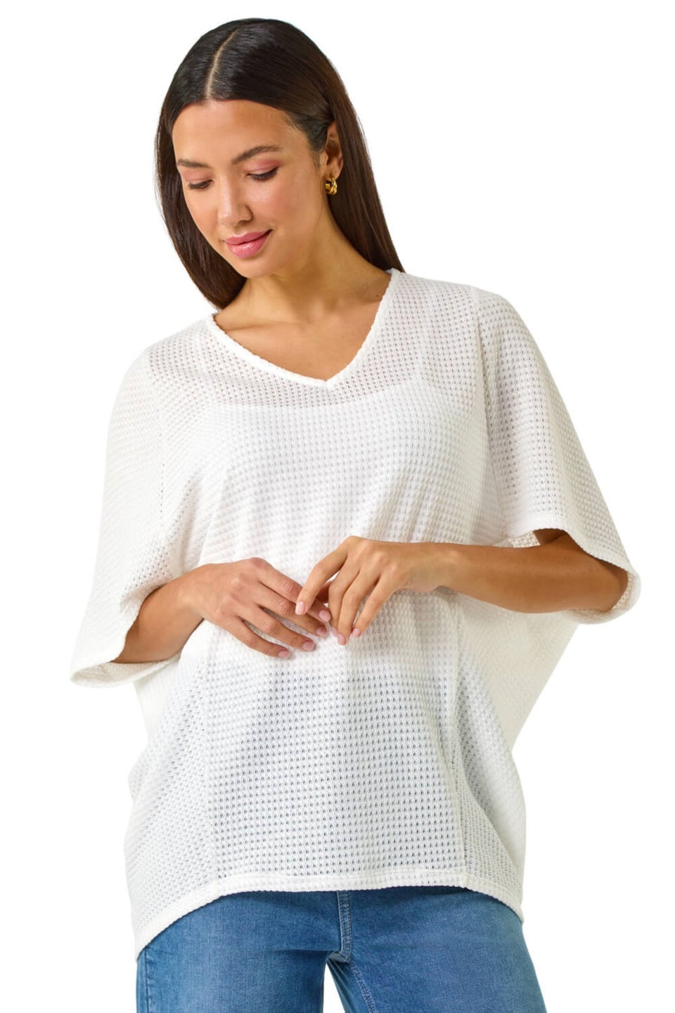 Roman White Textured V-Neck Cocoon Stretch Top