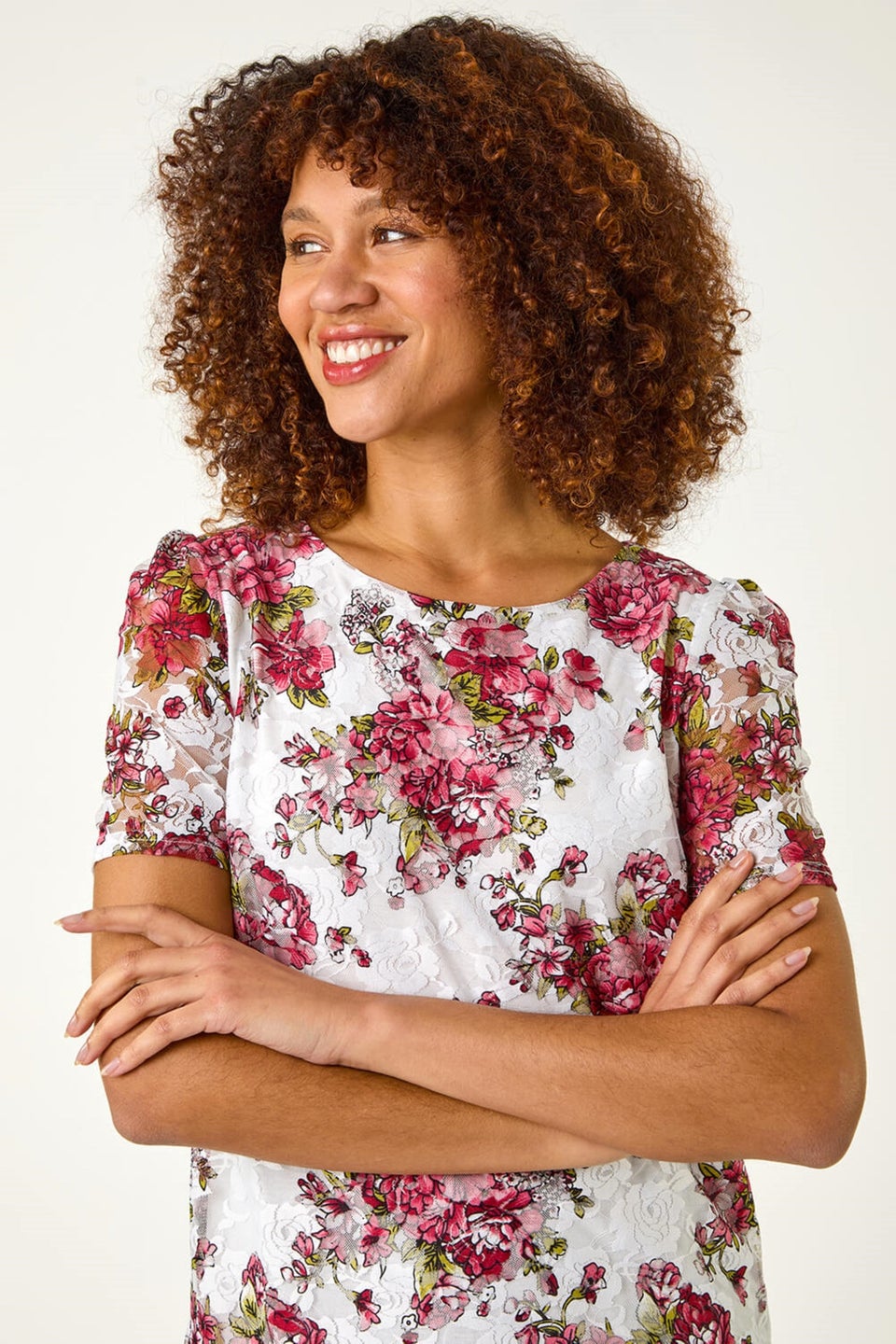 Roman Burgundy Floral Print Lace Stretch Top