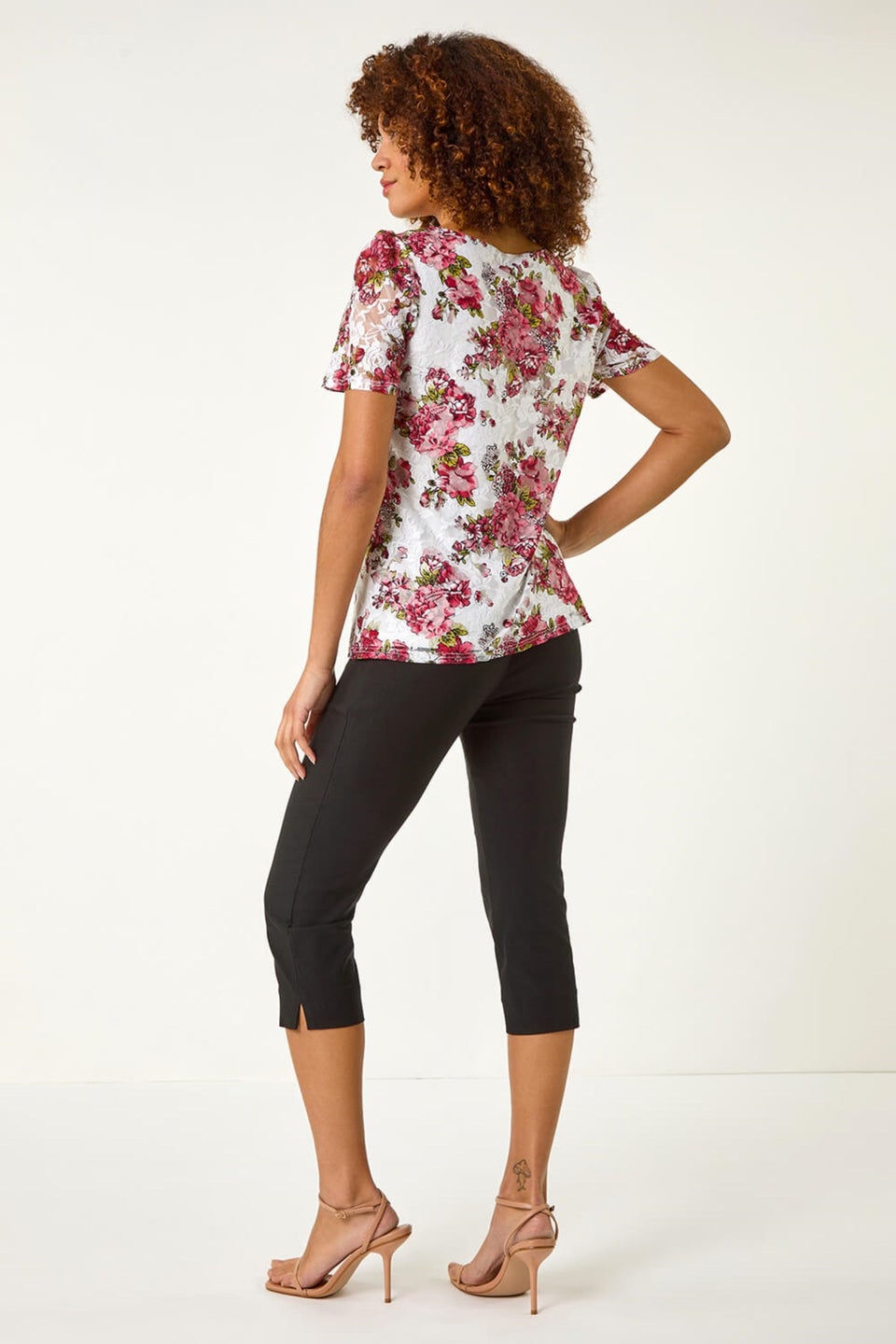 Roman Burgundy Floral Print Lace Stretch Top