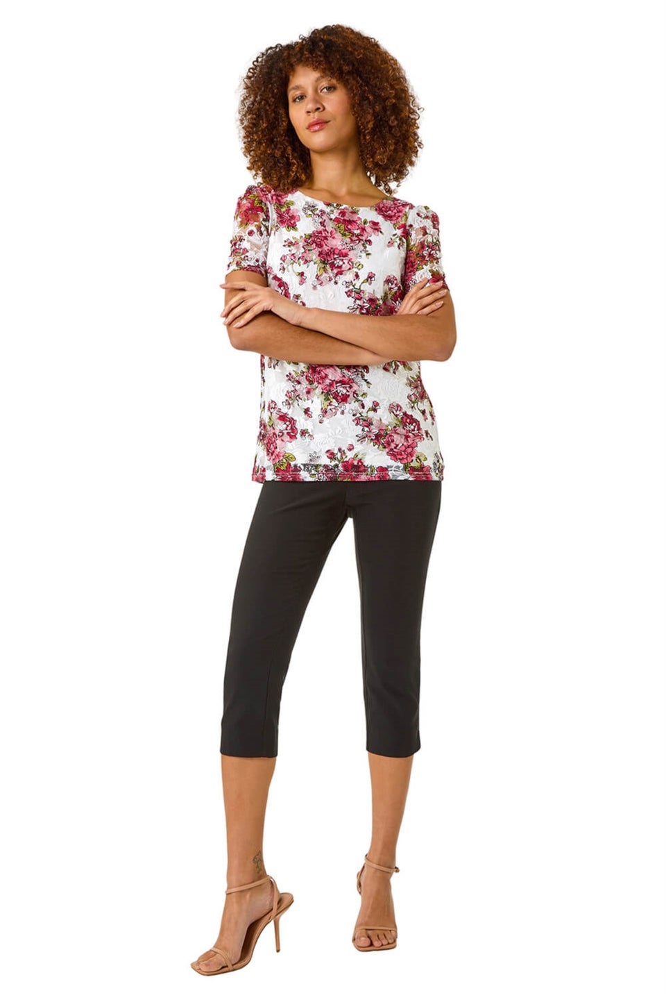 Roman Burgundy Floral Print Lace Stretch Top