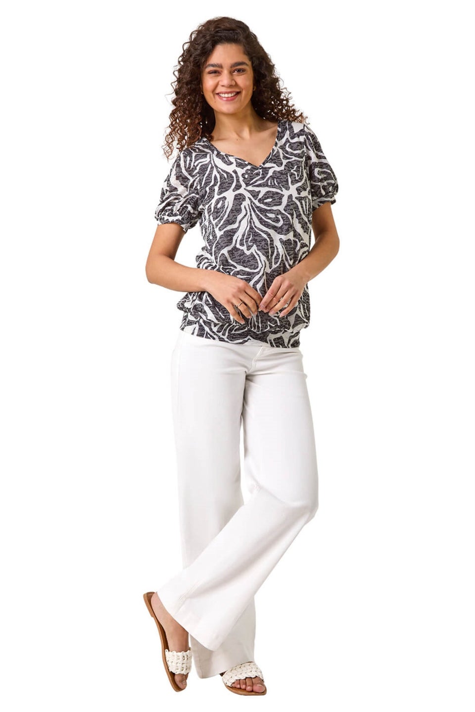 Roman Black Floral Burnout Print Blouson Top