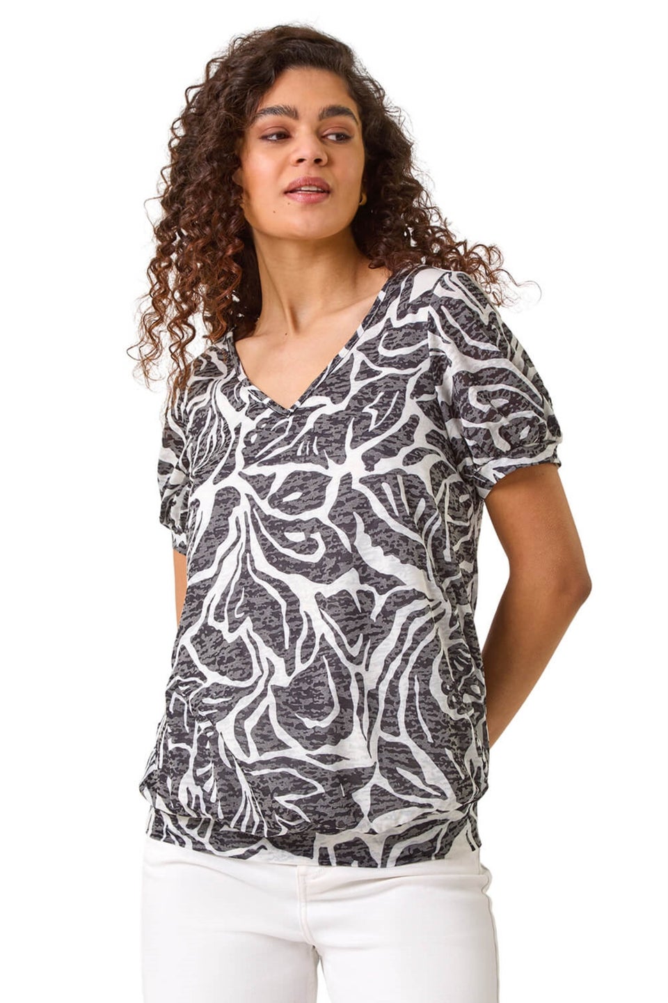 Roman Black Floral Burnout Print Blouson Top