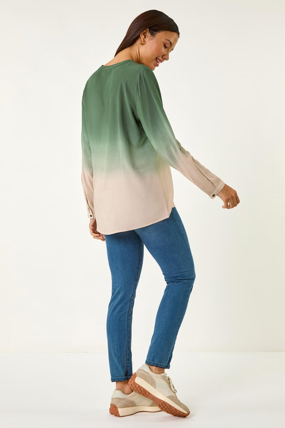 Roman Green Dip Dye Print V-Neck Top