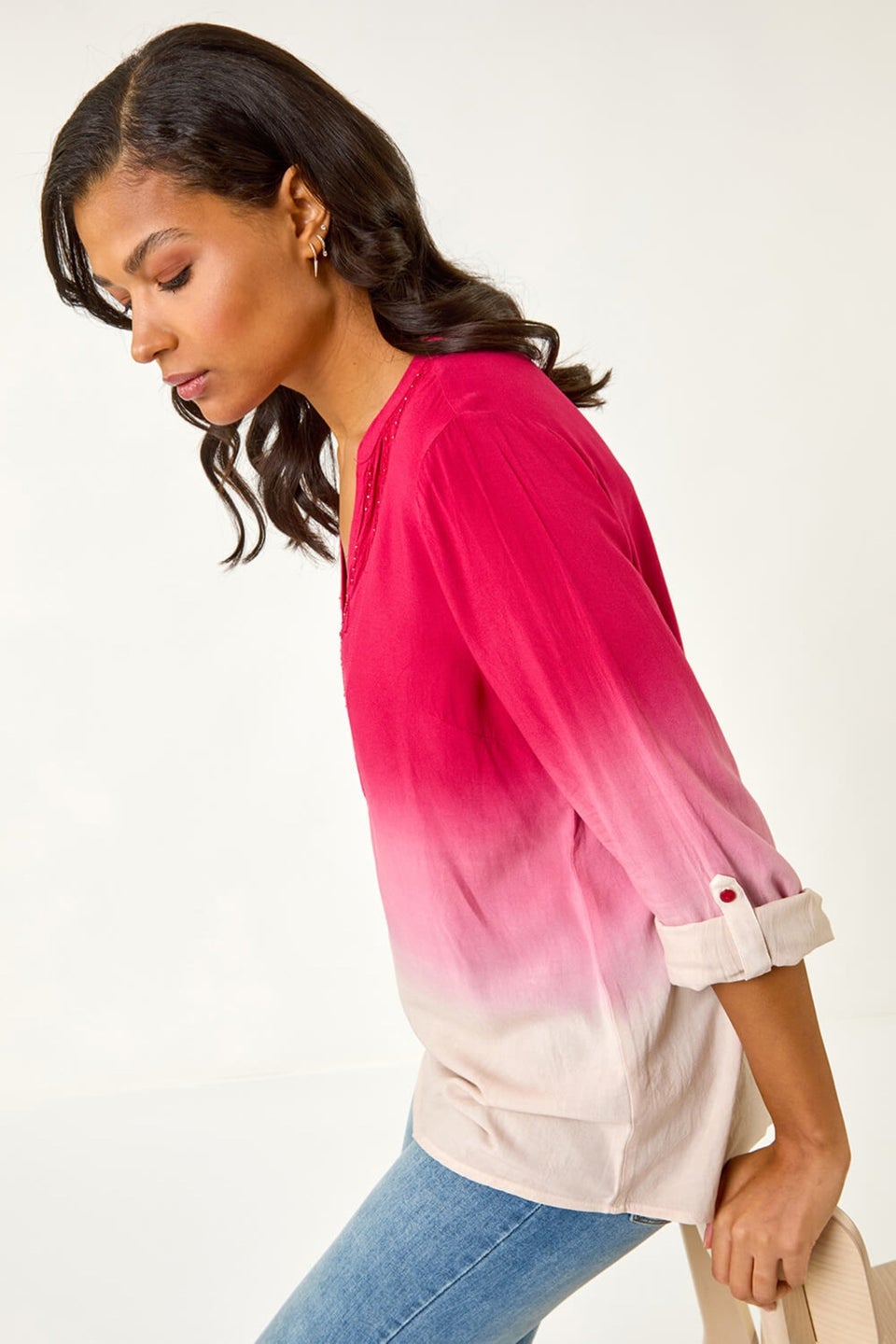 Roman Red Dip Dye Print V-Neck Top