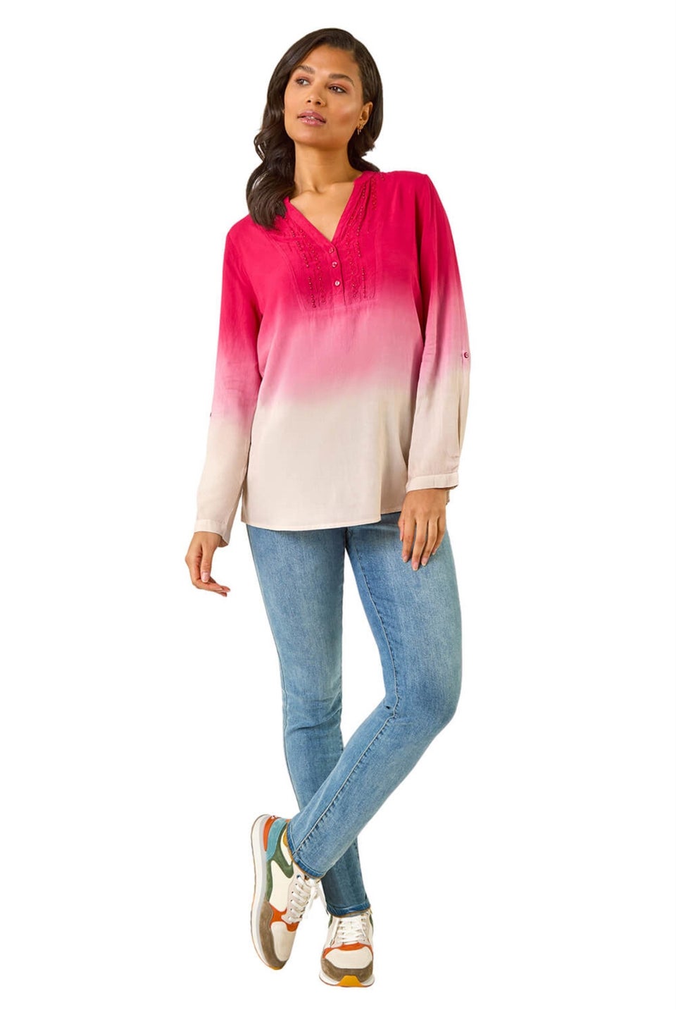 Roman Red Dip Dye Print V-Neck Top