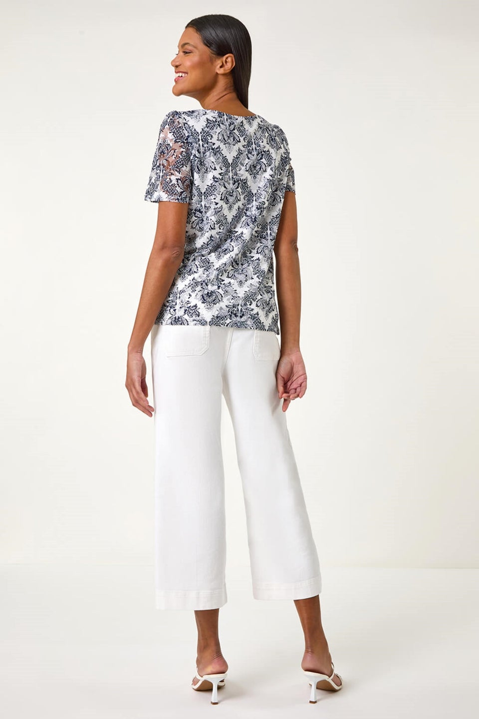 Roman Navy Printed Lace Stretch Top