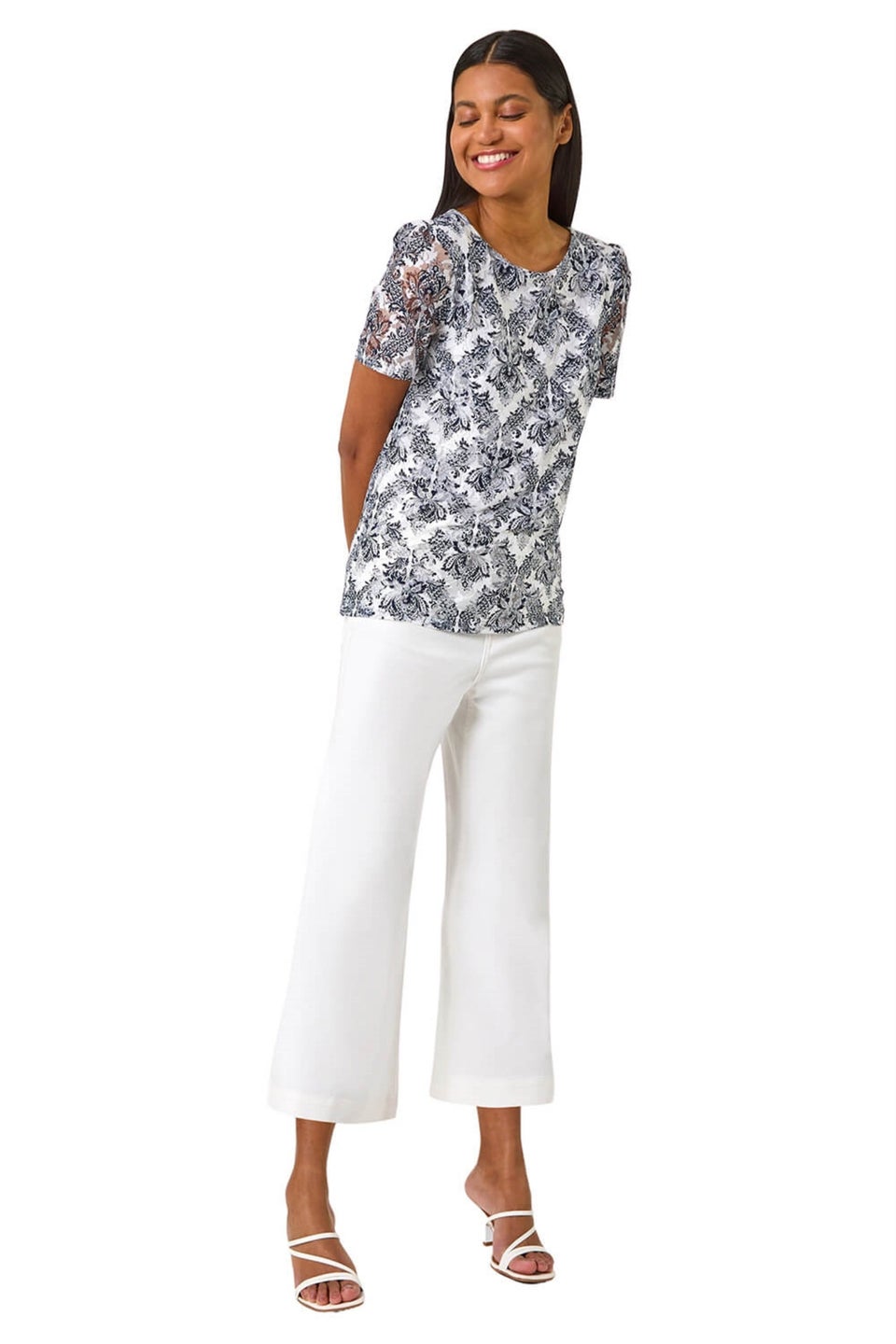 Roman Navy Printed Lace Stretch Top